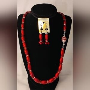 Red Beaded Necklace and Earring Set